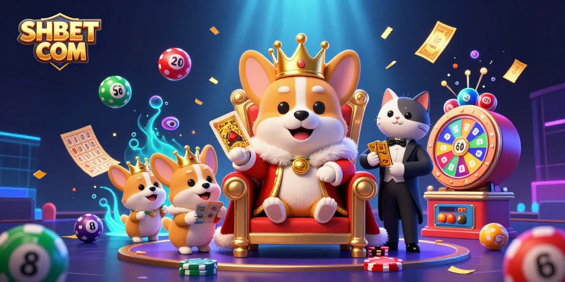 Join the excitement at SHBET COM with vibrant casino elements and an engaging royal corgi throne scene.