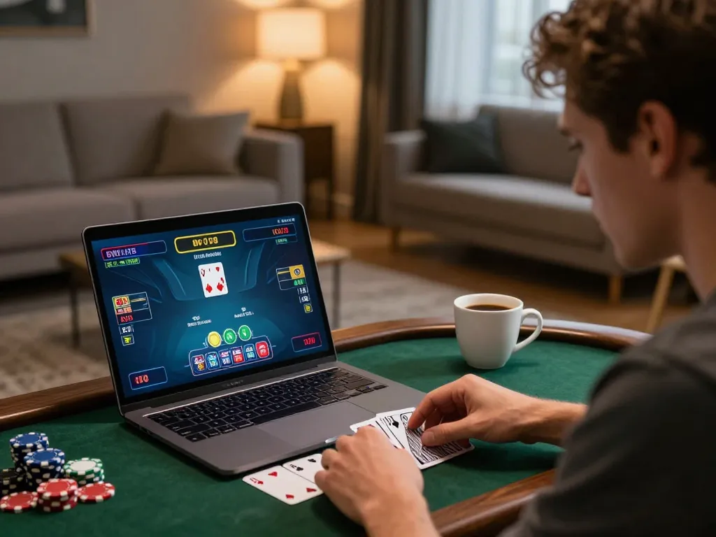 Player exploring exciting luckywin blackjack game on a laptop in cozy living room