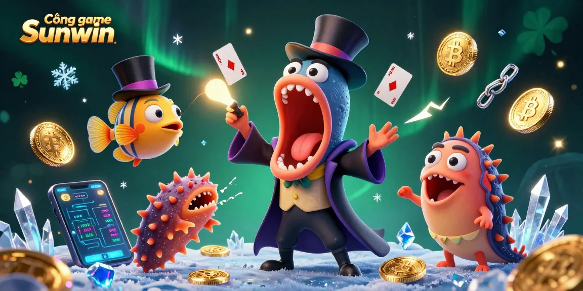Cổng game Sunwin engages players with an enchanting magical card trick scene featuring whimsical sea creatures.