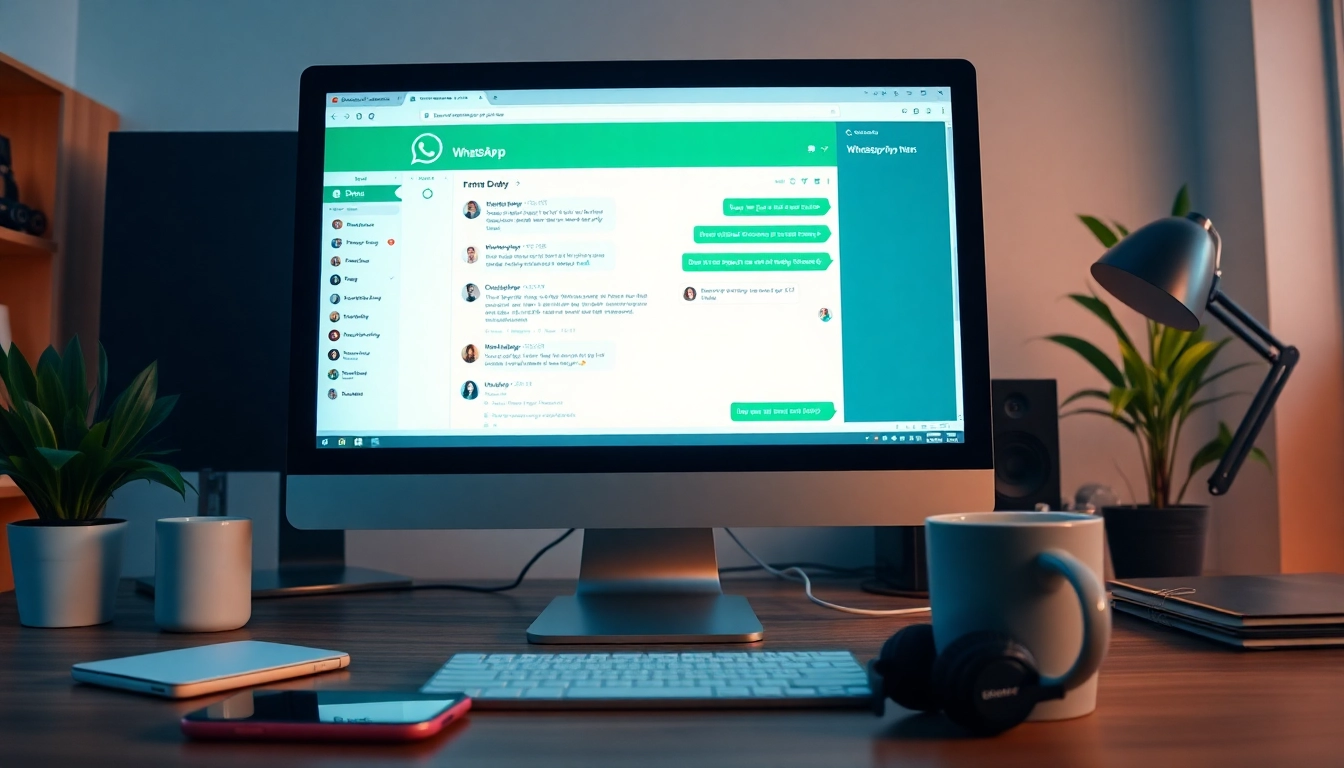 电脑屏幕上的 WhatsApp Web 界面，突出显示快连官网在即时通讯中的功能。