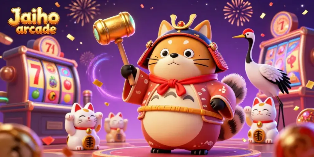 Experience Jaiho arcade excitement with a cheerful raccoon dog, samurai crane, and waving fortune cats in a vibrant casino.