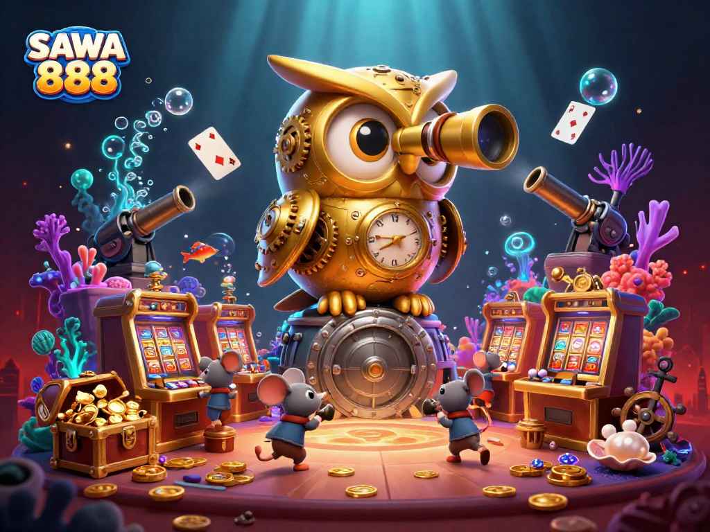 Experience thrilling gameplay with SAWA 888's captivating 3D scenes featuring slot machines and enchanting casino elements.