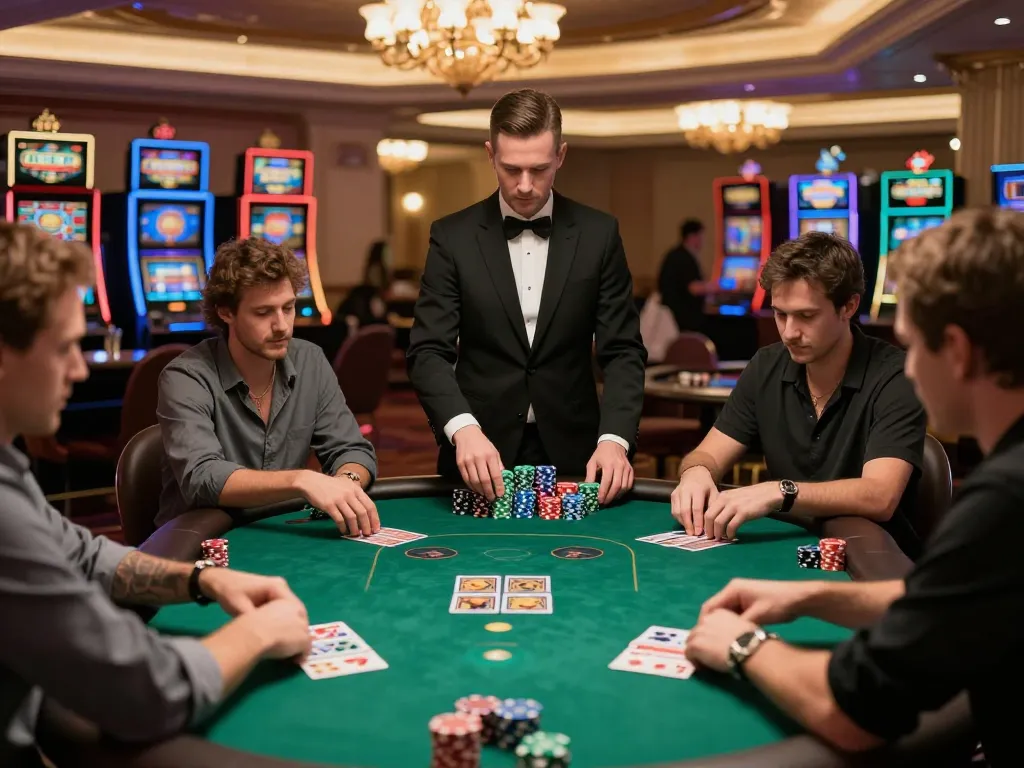 tr88 poker scene showing players engaged in a high-stakes game amidst a vibrant casino atmosphere