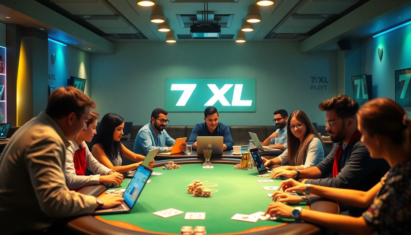 7xl סוכן מציע חוויית פוקר מקוונת מרגשת עם שחקנים מגוונים המשתתפים בשולחנות צבעוניים.