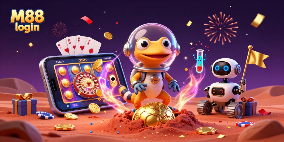 M88 login to a vibrant casino adventure with 3D gecko character exploring riches on Mars.