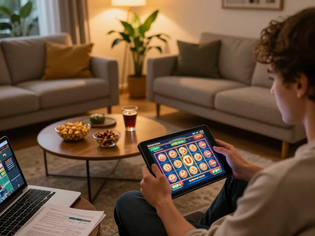 A person enjoying online gameplay at home through casinos not on gamstop with vibrant slots displayed