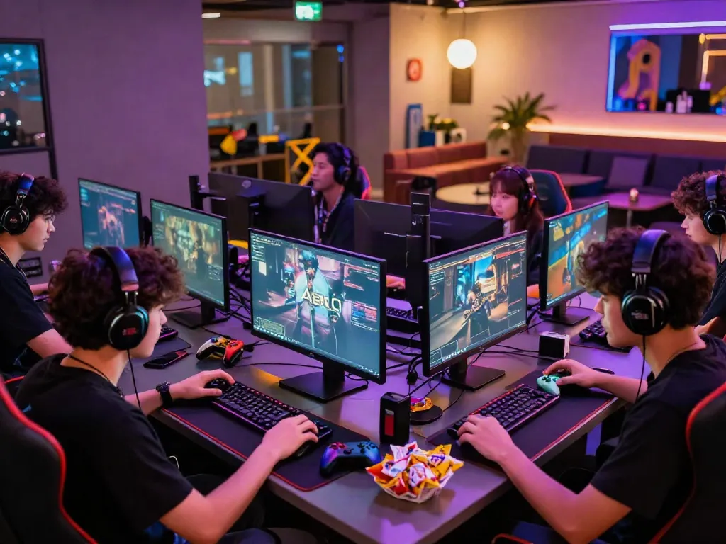 A80 gaming players engaging enthusiastically in a modern esports lounge with vibrant gaming monitors and ambient lighting.