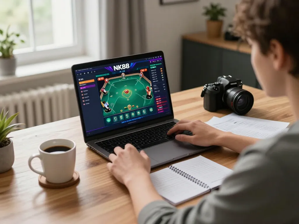Engaged player exploring nk88 online gaming strategies with vibrant gameplay on laptop.