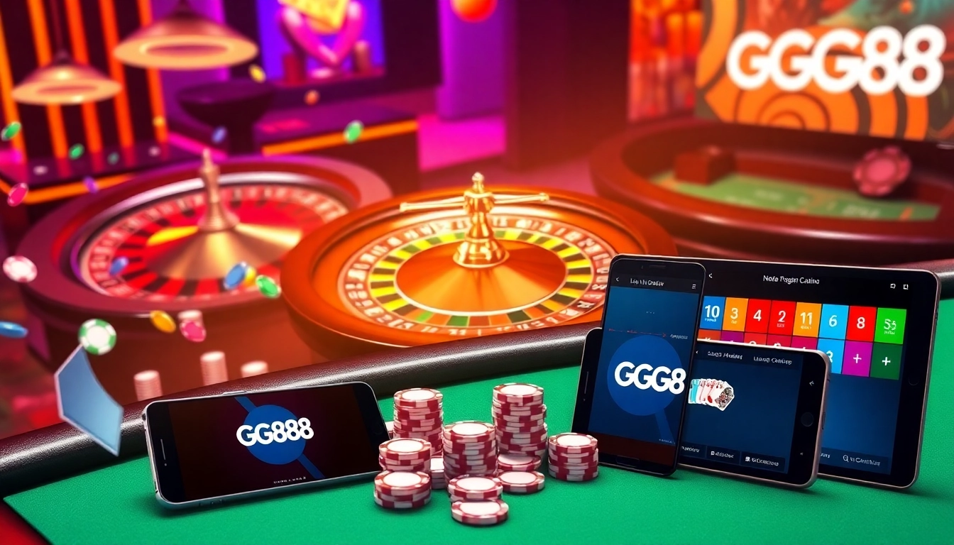 Experience the thrill of GG88 with vibrant casino visuals including roulette, poker, and modern interfaces.