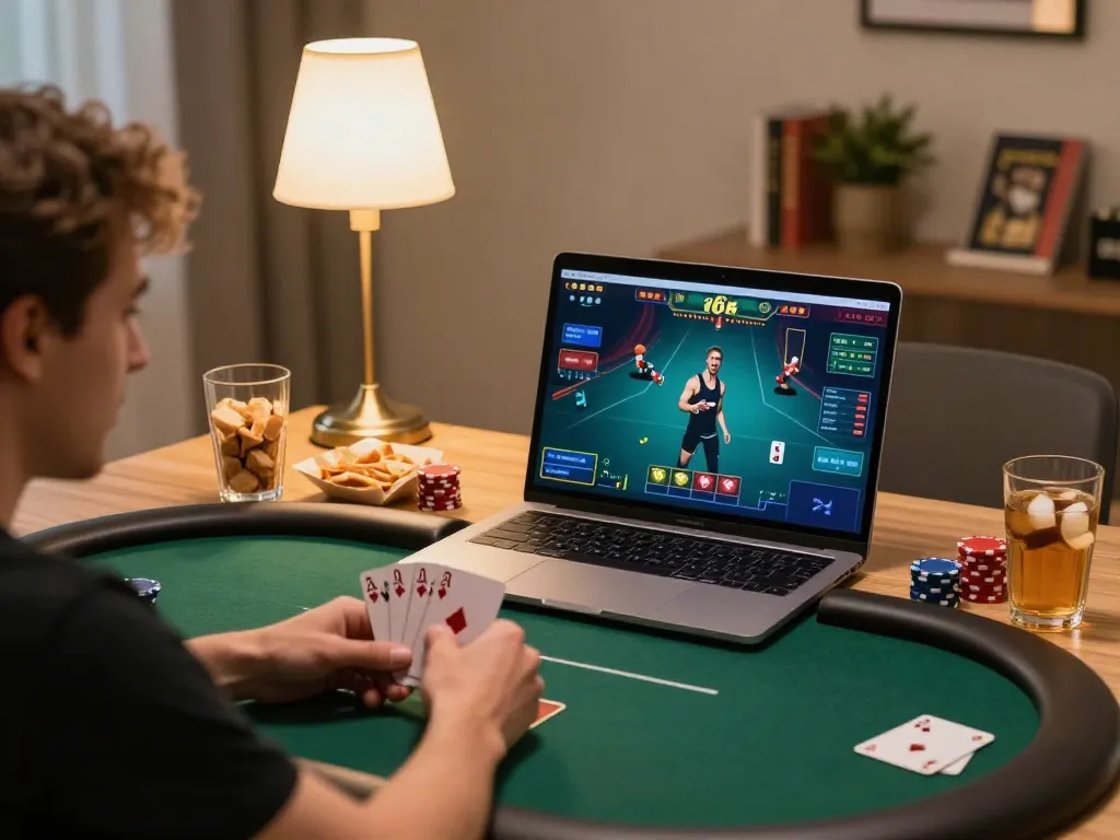 Engaging with F8BET while playing online poker at home, warm and inviting atmosphere.