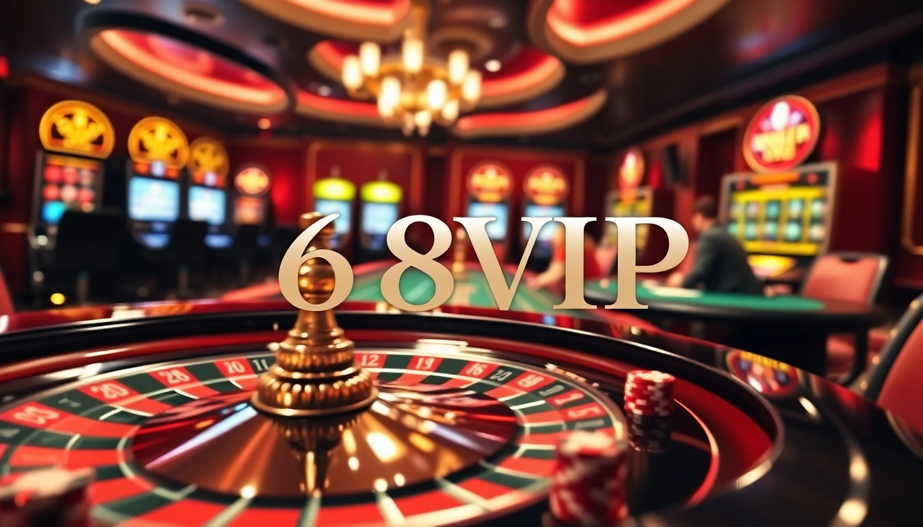 68VIP Casino excitement with roulette wheel, poker chips, and vibrant slot machines.
