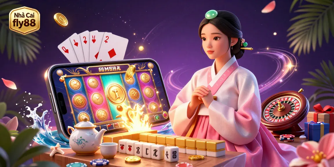 Engage with Nhà Cái fly88 in a vibrant online casino atmosphere featuring a colorful slot game and elegant elements.