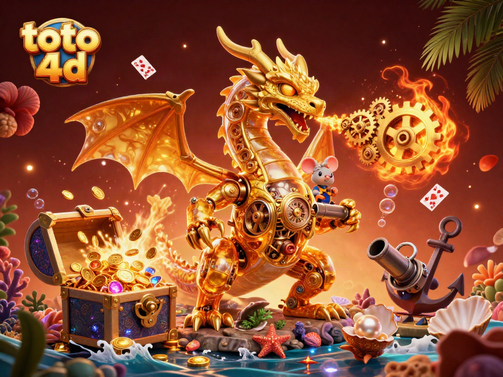 Engage in the excitement of toto 4d with this vibrant 3D illustration featuring a golden dragon and underwater treasures.