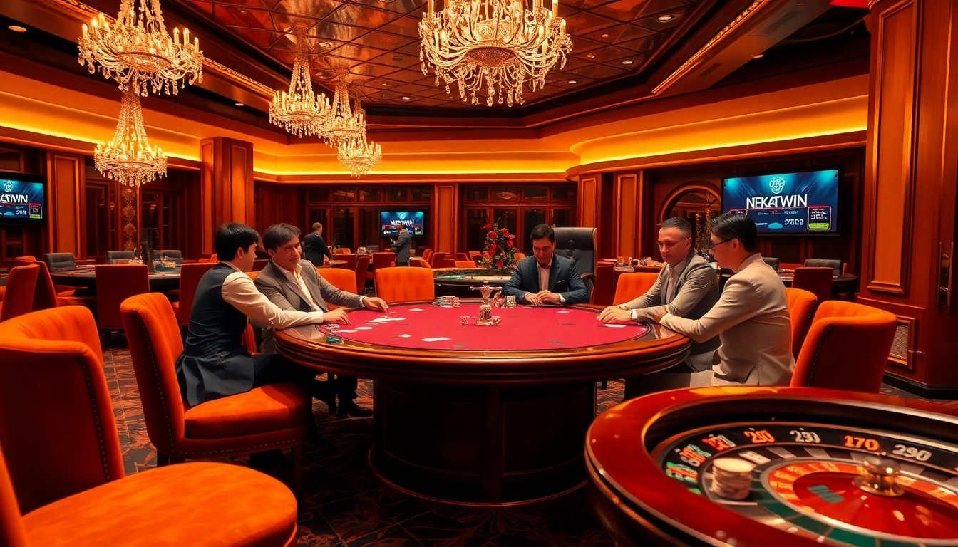 Players strategizing at a poker table in a luxurious casino, showcasing nekatwinofficial.com gameplay excitement.