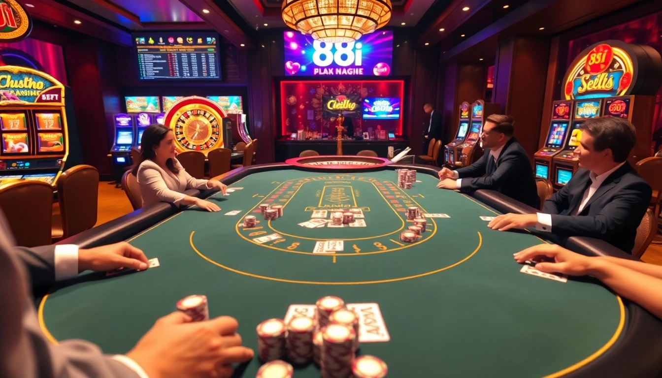 Players engaging at the blackjack table in the vibrant 88i casino scene filled with excitement.