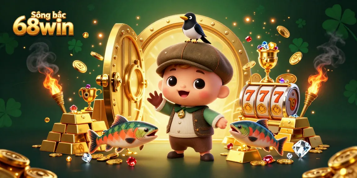 Sòng bạc 68win features a vibrant 3D cartoon scene filled with treasure and slot games.