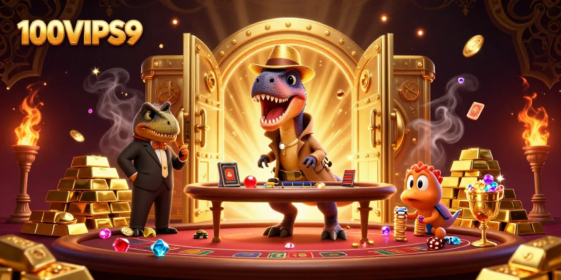 A 3D velociraptor at the blackjack table in 100VIPS9, sneaking chips while a stegosaurus pit boss observes.