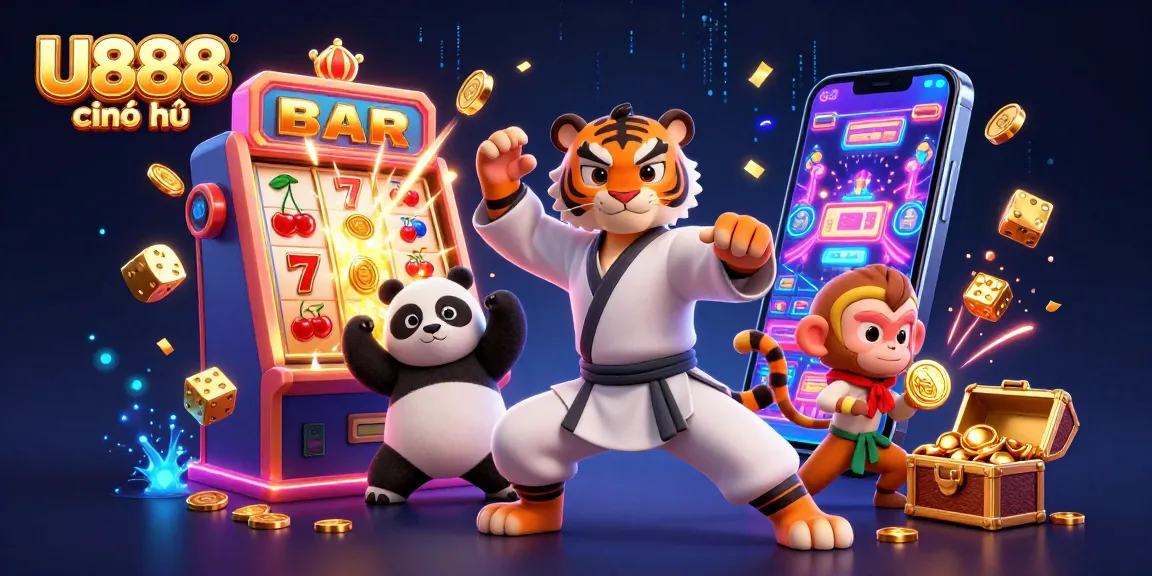 Experience U888 chính thức with a fun scene featuring playful characters and vibrant casino elements.