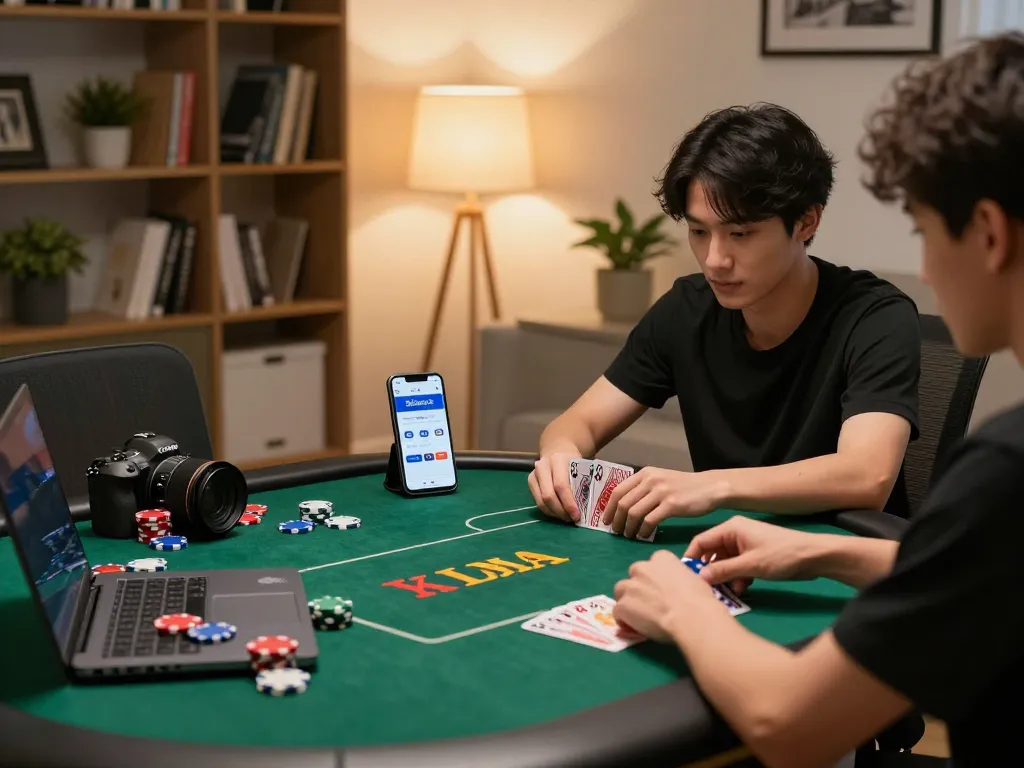 Pemain situs toto terlibat dalam poker online dengan chip berwarna-warni dan suasana rumah yang hangat.