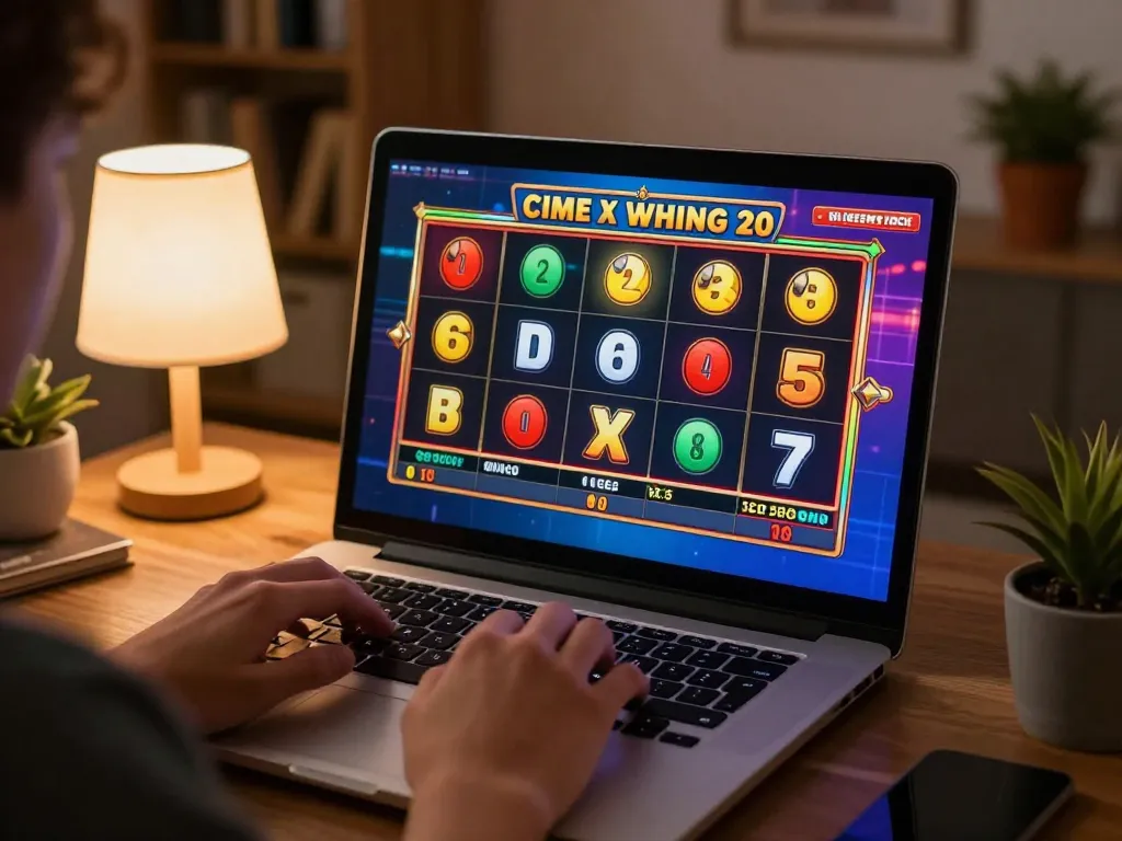 Experience thrilling slot gameplay at ทางเข้า m110 on a laptop, showcasing a winning spin in a cozy setting.