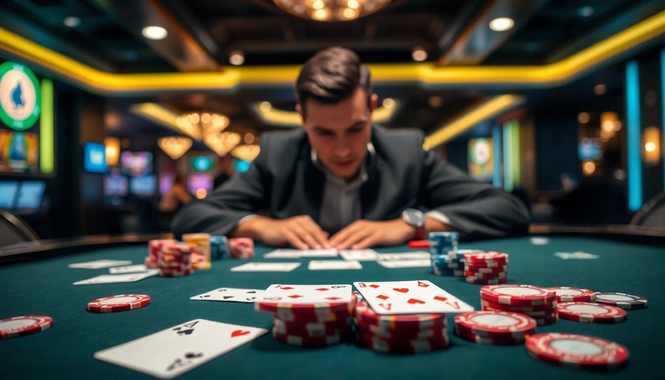 Engage in a dynamic poker game with vibrant chips and cards on the table.