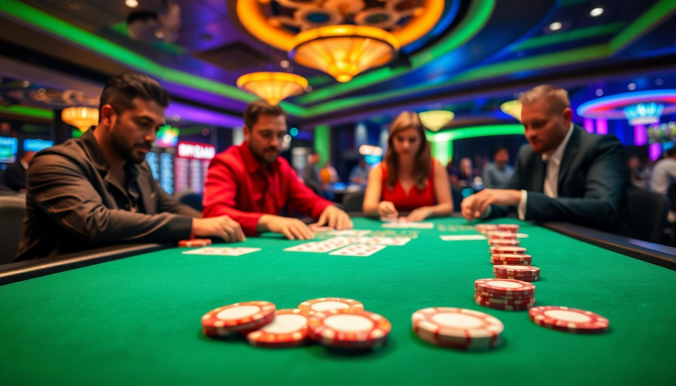Engage in a thrilling game of Blackjack Casino with players focused at the table, vibrant atmosphere.