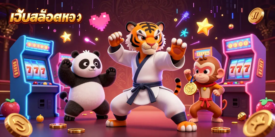Engage with เว็บสล็อตตรง as a kung fu tiger master and panda disciple celebrate gaming victory.