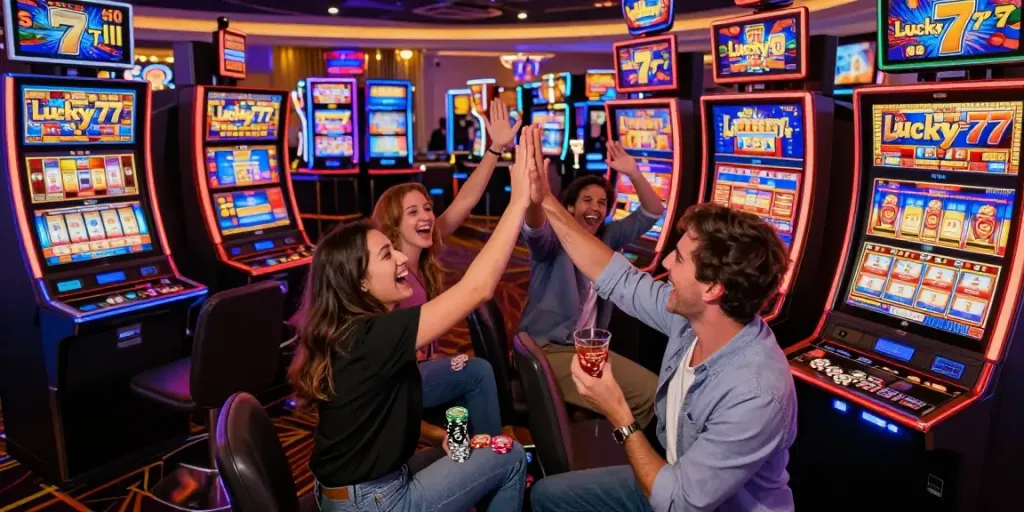Friends celebrating a win with Lucky777 slots in a vibrant casino atmosphere.
