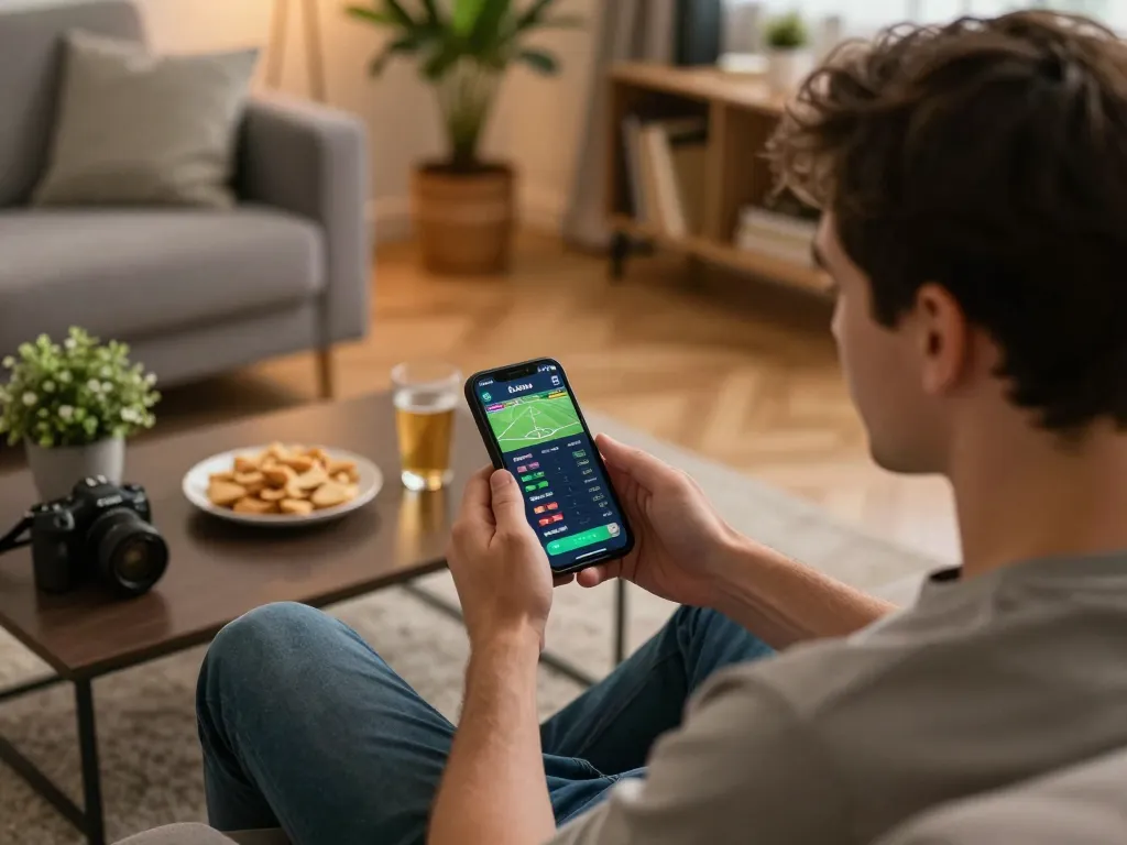 Engaging scene of an individual using a smartphone for Canadian online casinos sports betting at home.