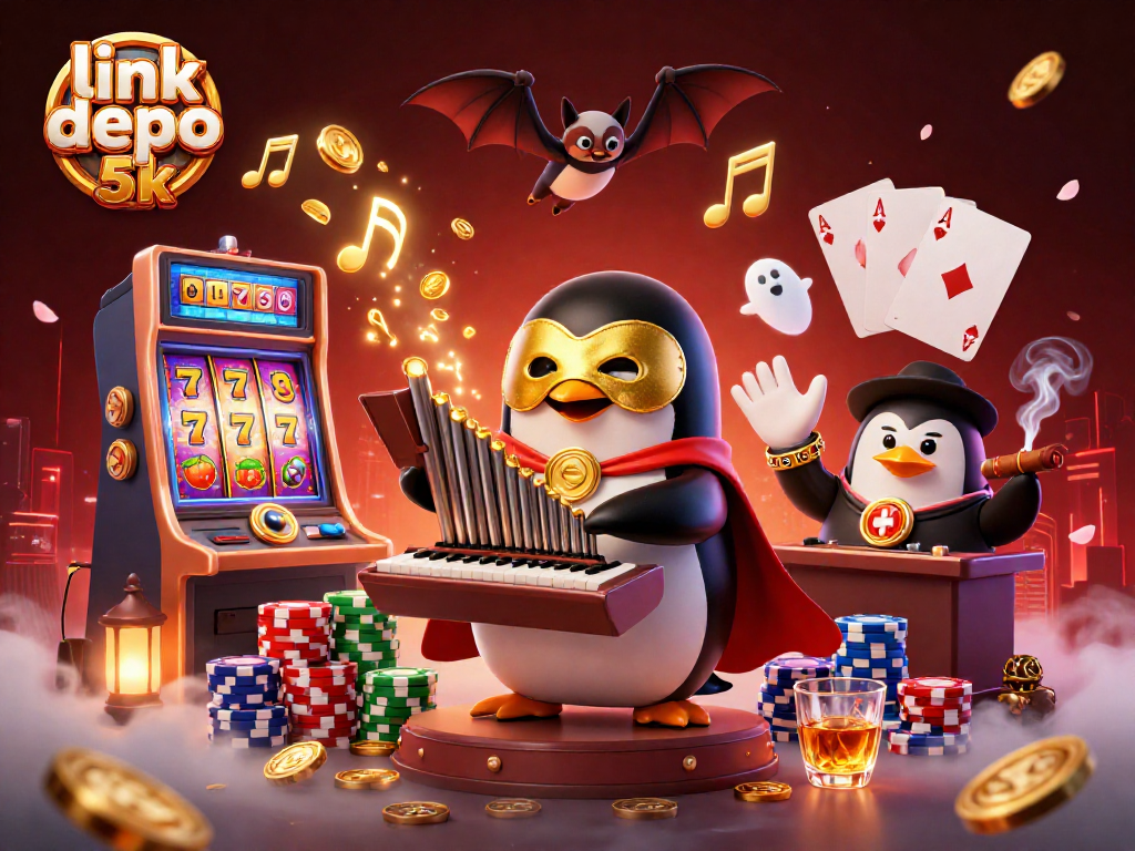 Engage with link depo 5k as a penguin plays a golden organ surrounded by slot machines, poker elements, and acrobatic charm.