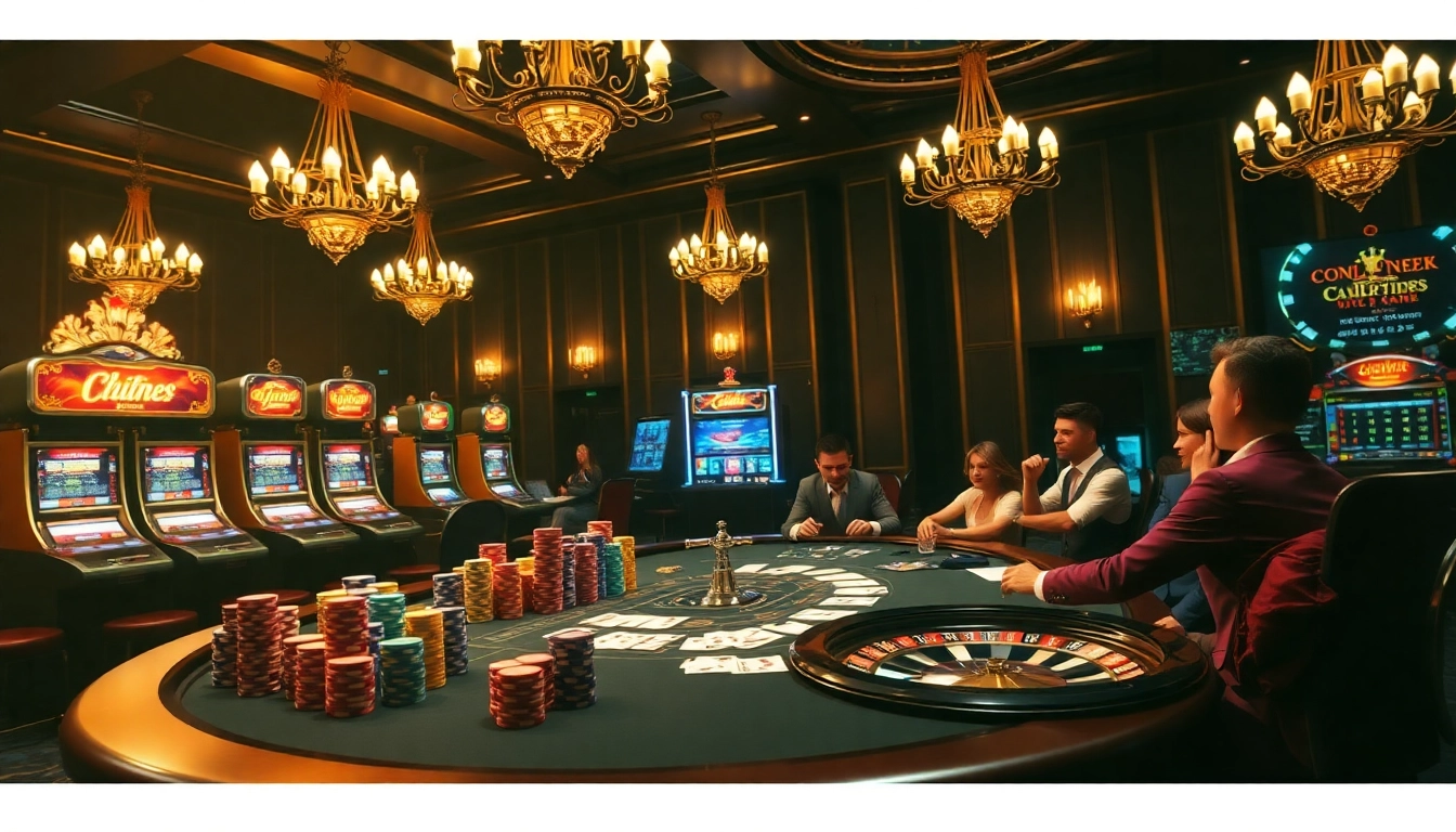 Engage in thrilling gameplay at https://ok8386.sh/ with vibrant casino tables and poker chips stacked high.