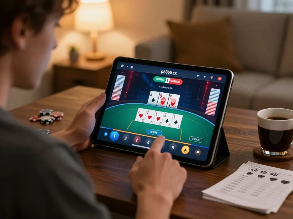 Player enjoying online gaming at https://ph365.cx/ on a cozy home tablet setup with poker interface.