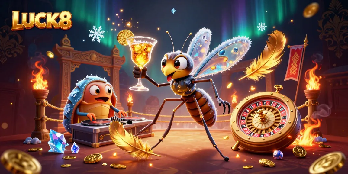 Experience LUCK8's vibrant casino atmosphere with unique characters, games, and golden elements.