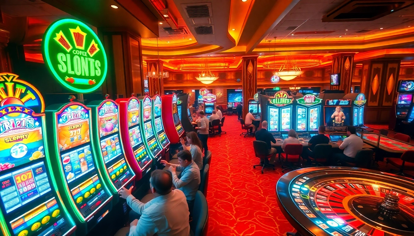Players enjoying spinning the slots777 in a vibrant casino atmosphere with colorful lights.