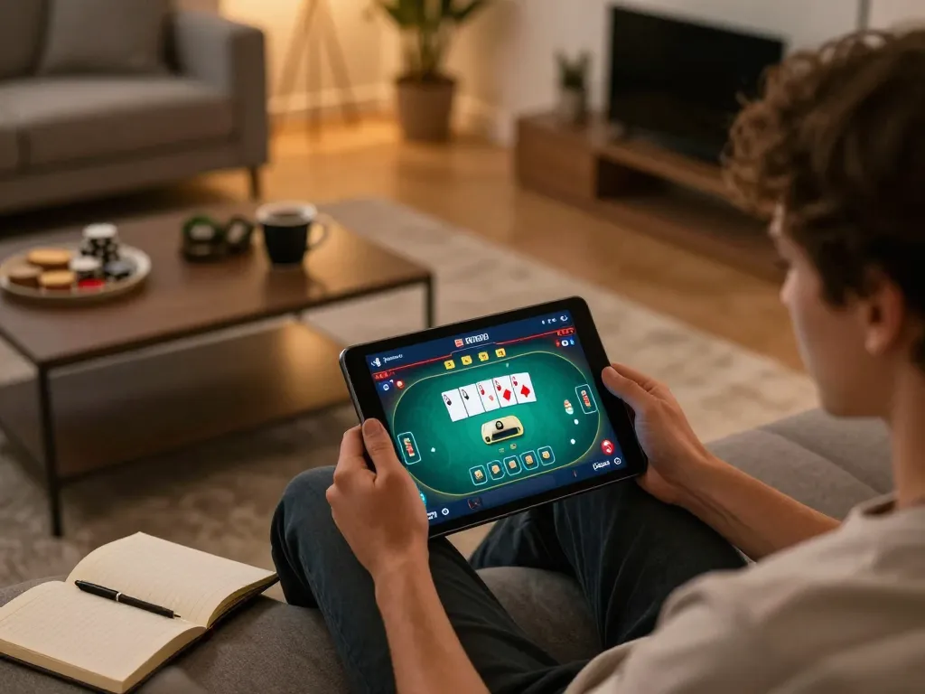Player engaging in online casino gaming at home with 888NEW app, showcasing a cozy atmosphere
