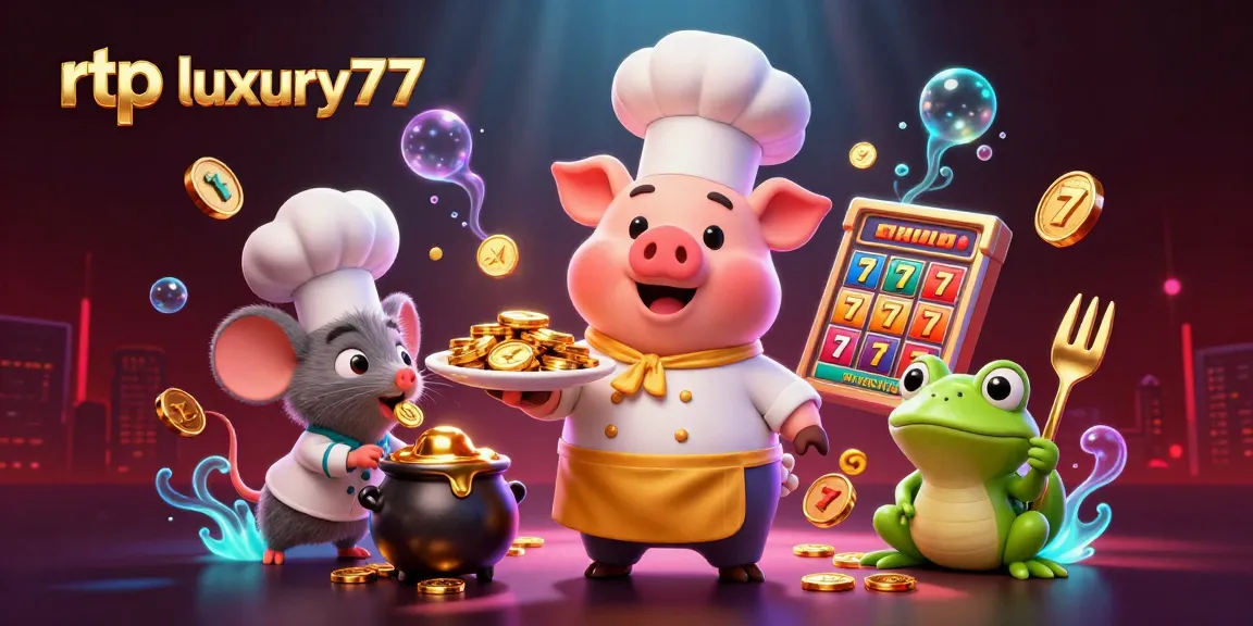 RTP Luxury777 menampilkan ilustrasi kasino dengan karakter unik dan simbol slot