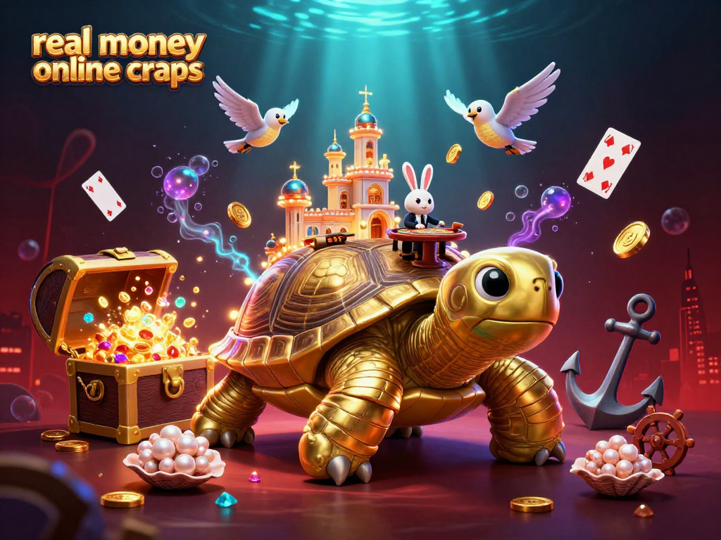 Engage in real money online craps with a golden tortoise casino scene filled with wealth.