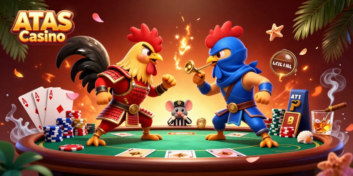 Engage with ATAS Casino's thrilling poker action featuring a dramatic standoff between roosters, enhancing the gaming atmosphere.