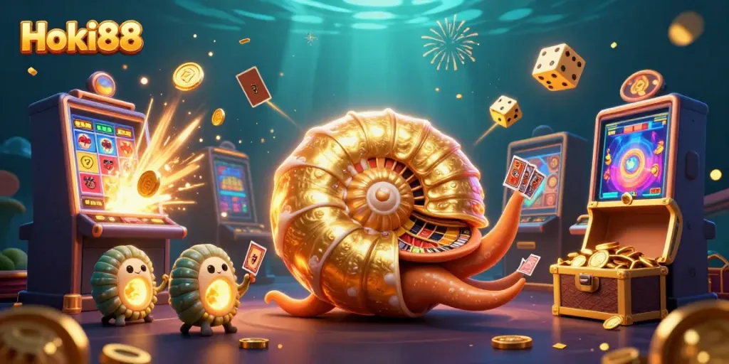 Menggandakan jackpot di Hoki88 dengan tampilan berwarna dan cerah dari karakter nautilus dan mesin slot.