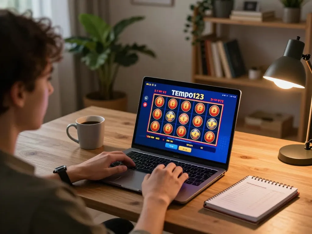 Engaging gameplay on Tempo123 Slot displayed on a laptop, showcasing strategic online gambling from home.