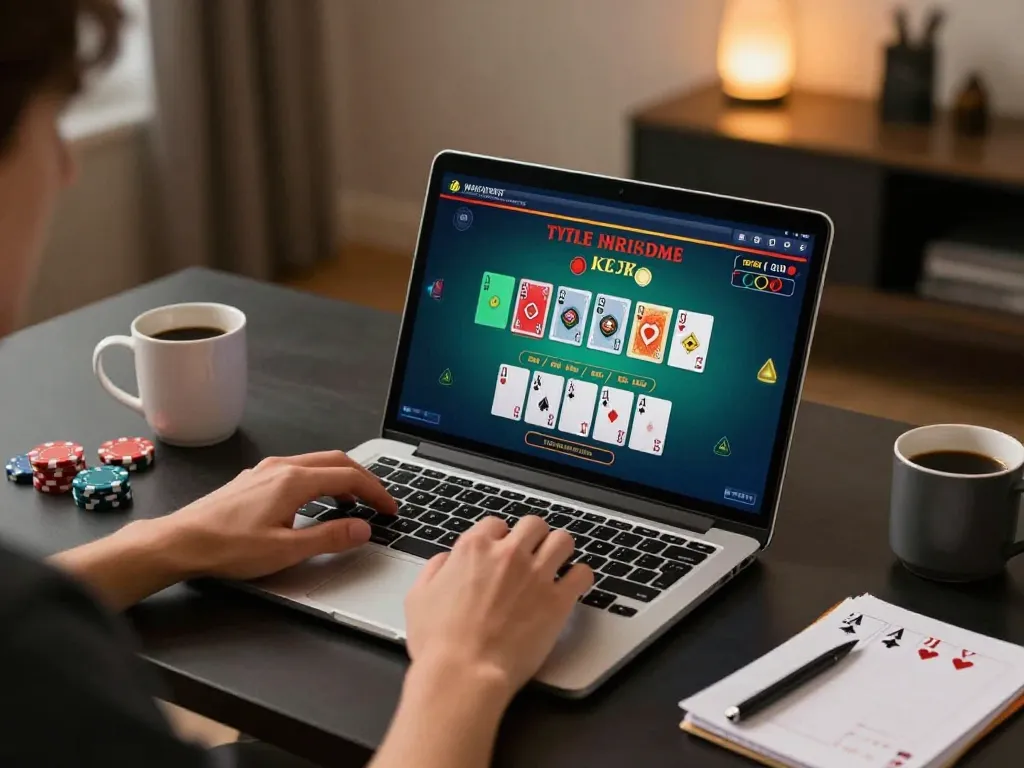 Engaging online blackjack action at 789F with laptop gameplay, chips, and strategic notes visible.