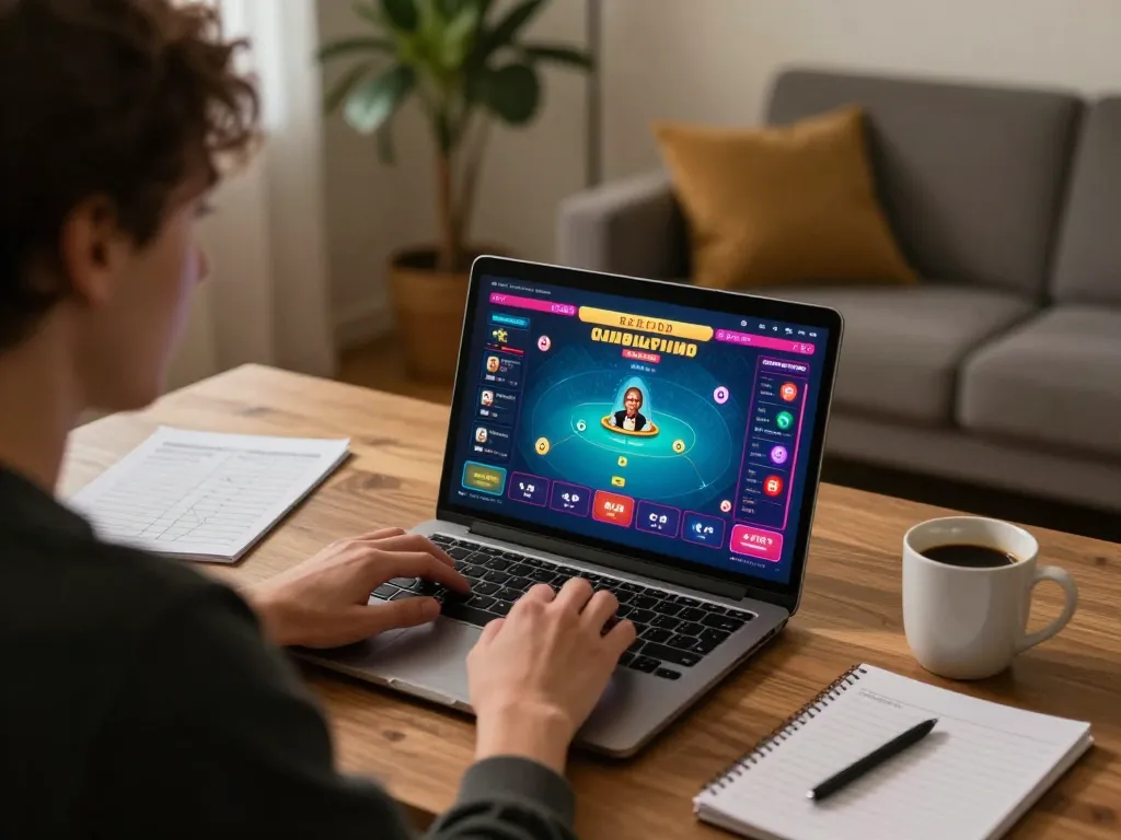 Engaged user playing poker on laptop for ok8386a with strategy notes in a cozy home setting
