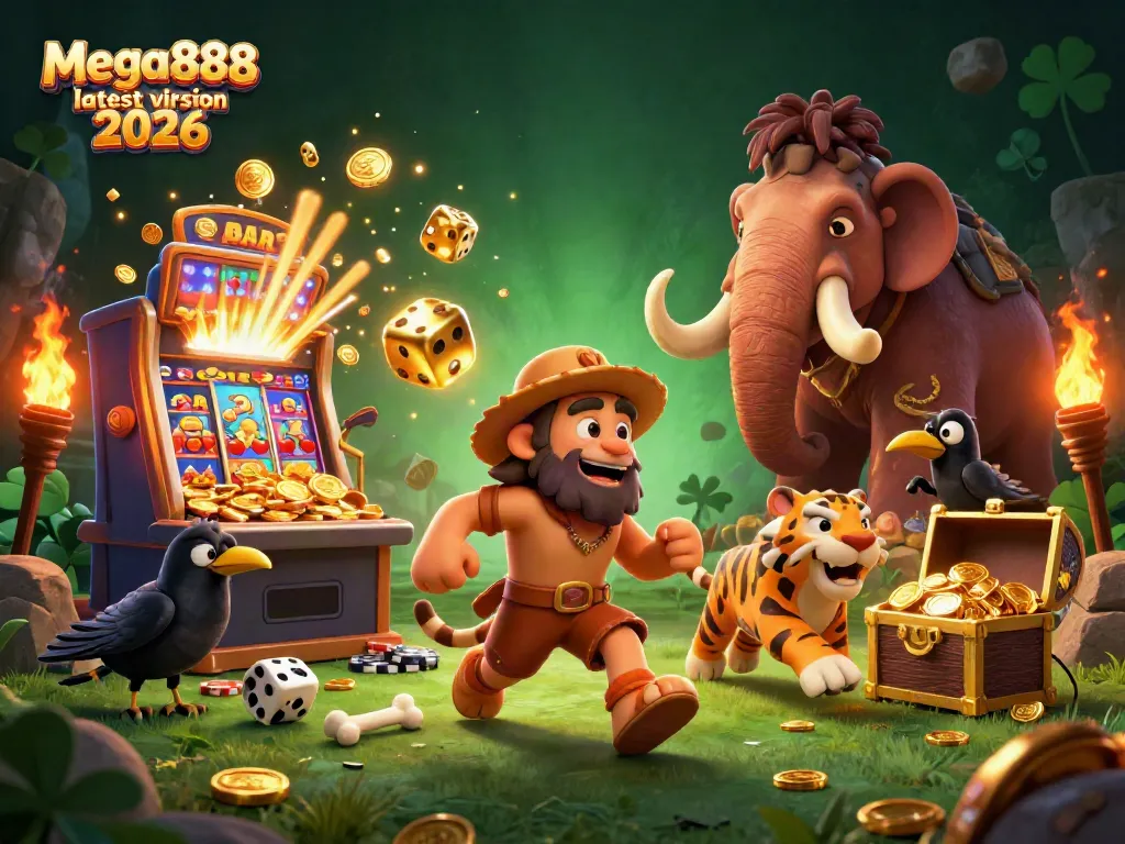 Experience excitement with Mega888 latest version 2026 casino scene featuring cavemen and a sabertooth tiger.
