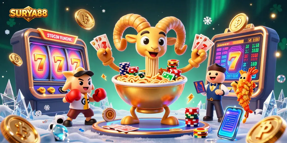 SURYA88 showcases an exciting casino atmosphere with vibrant characters and slot elements for thrilling gameplay.