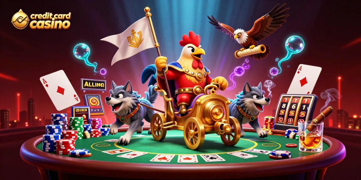 Engage with the excitement of a credit card casino featuring a rooster warlord amidst a dynamic poker scene.