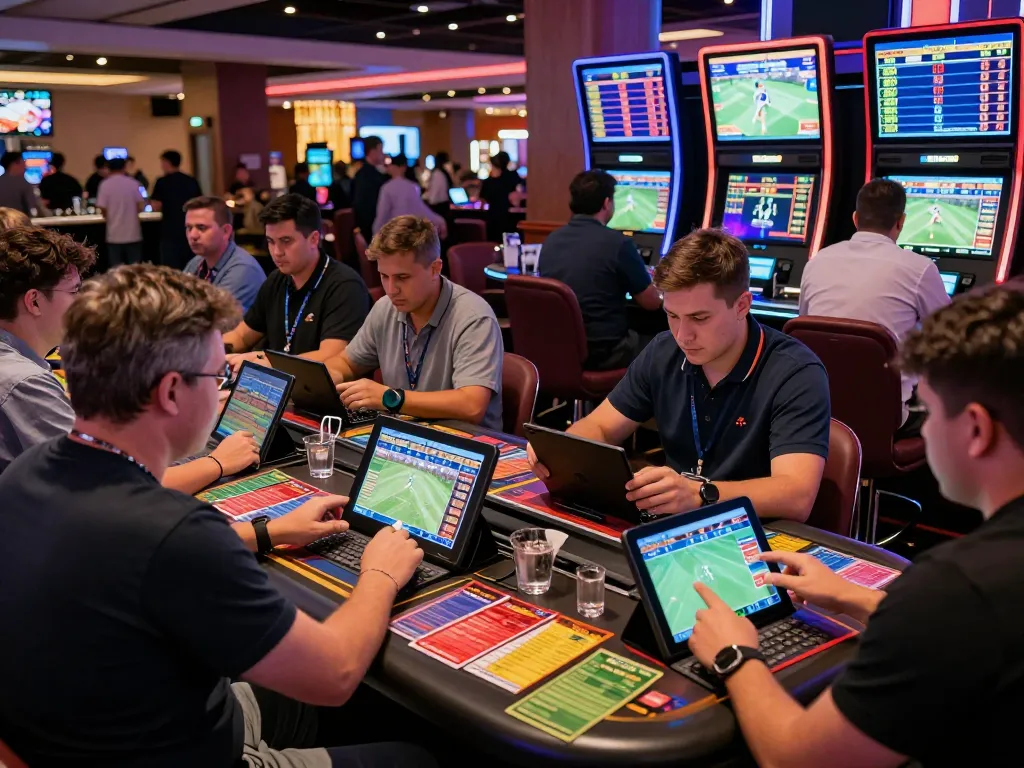 Engaged bettors analyzing odds and strategies at a sports betting area showcasing soi keo nha cai in a vibrant casino