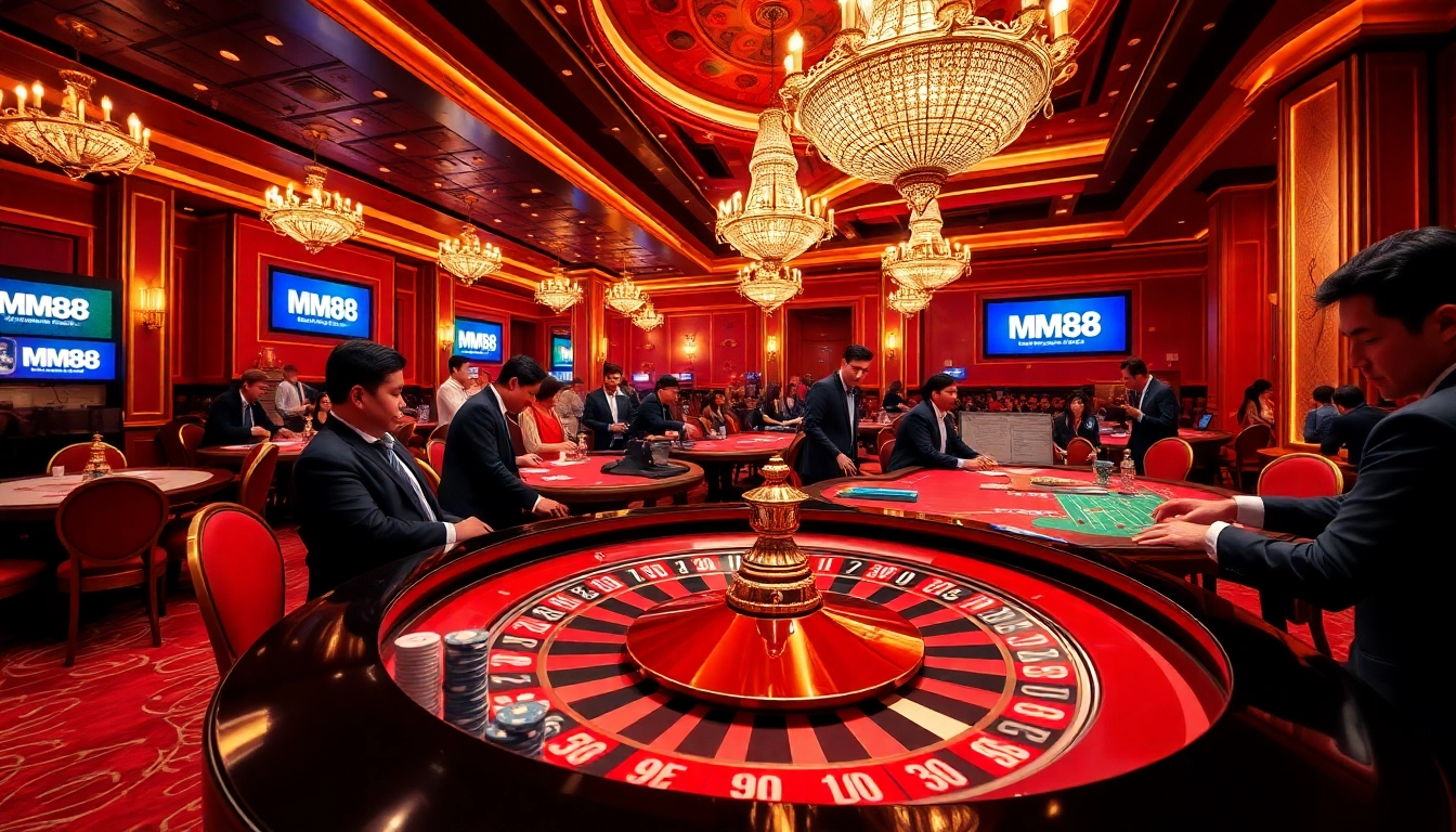 Players engaging in strategic gameplay at MM88 casino, with vibrant tables and chips.
