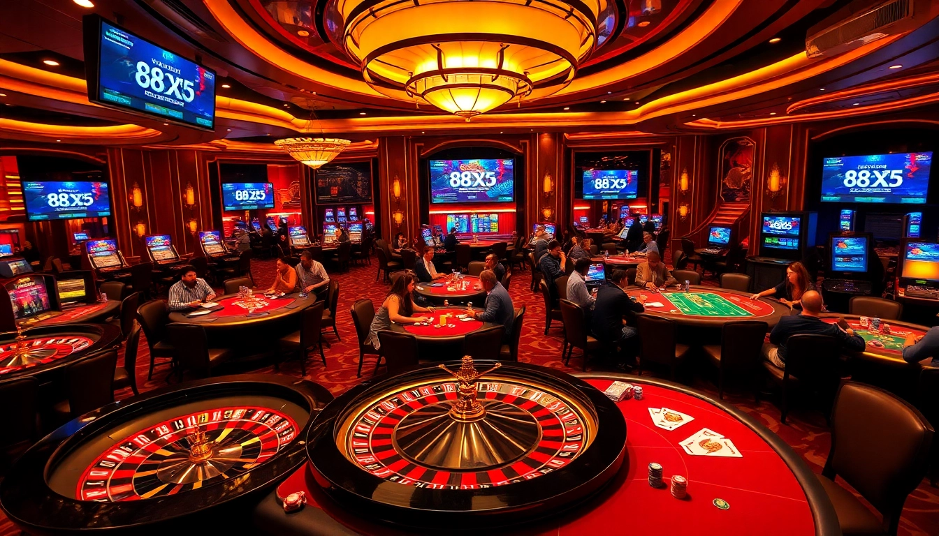 Betting excitement at a luxurious casino featuring 88xx-themed elements and vibrant gaming tables.
