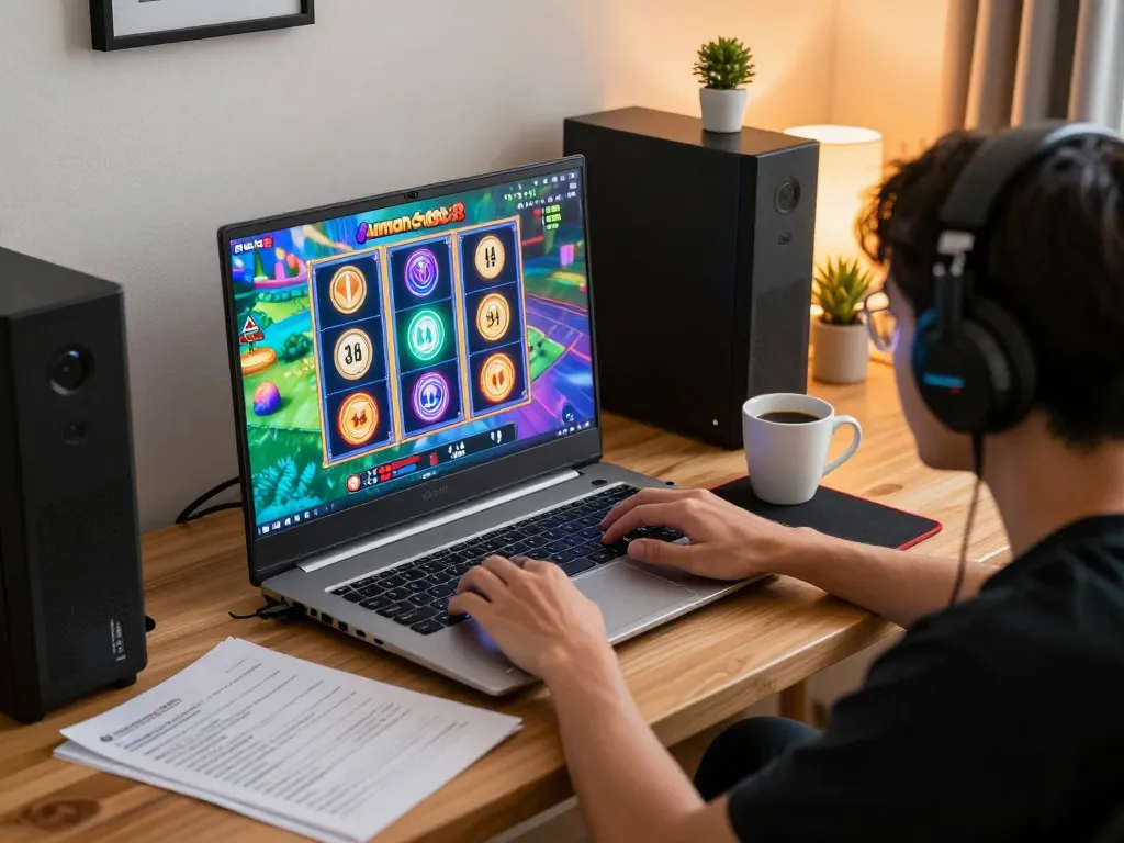 Seseorang bermain aman788 slot gacor di laptop, menampilkan pengalaman permainan online yang menarik di rumah yang nyaman.