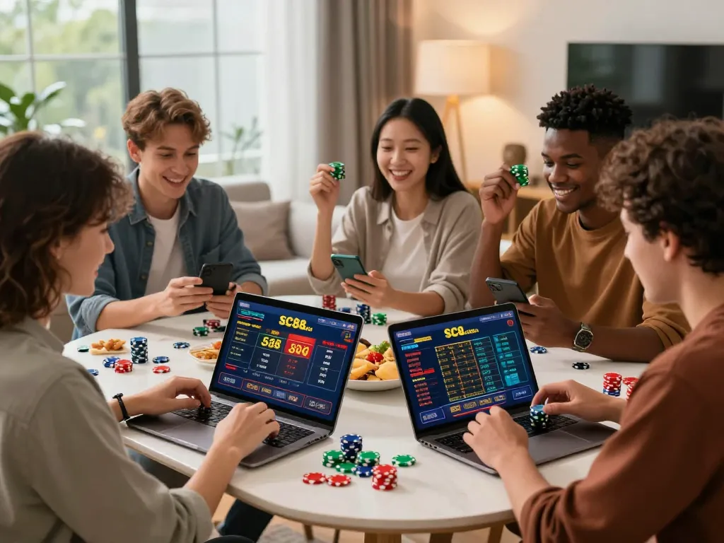 Group celebrating victories while playing SC88.com on mobile devices in a cozy gaming space with colorful chips.